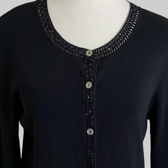 Black Knit Sequin Crochet Detail Button Up Holiday Party Office Sweater- Sz-M - Picture 3 of 16